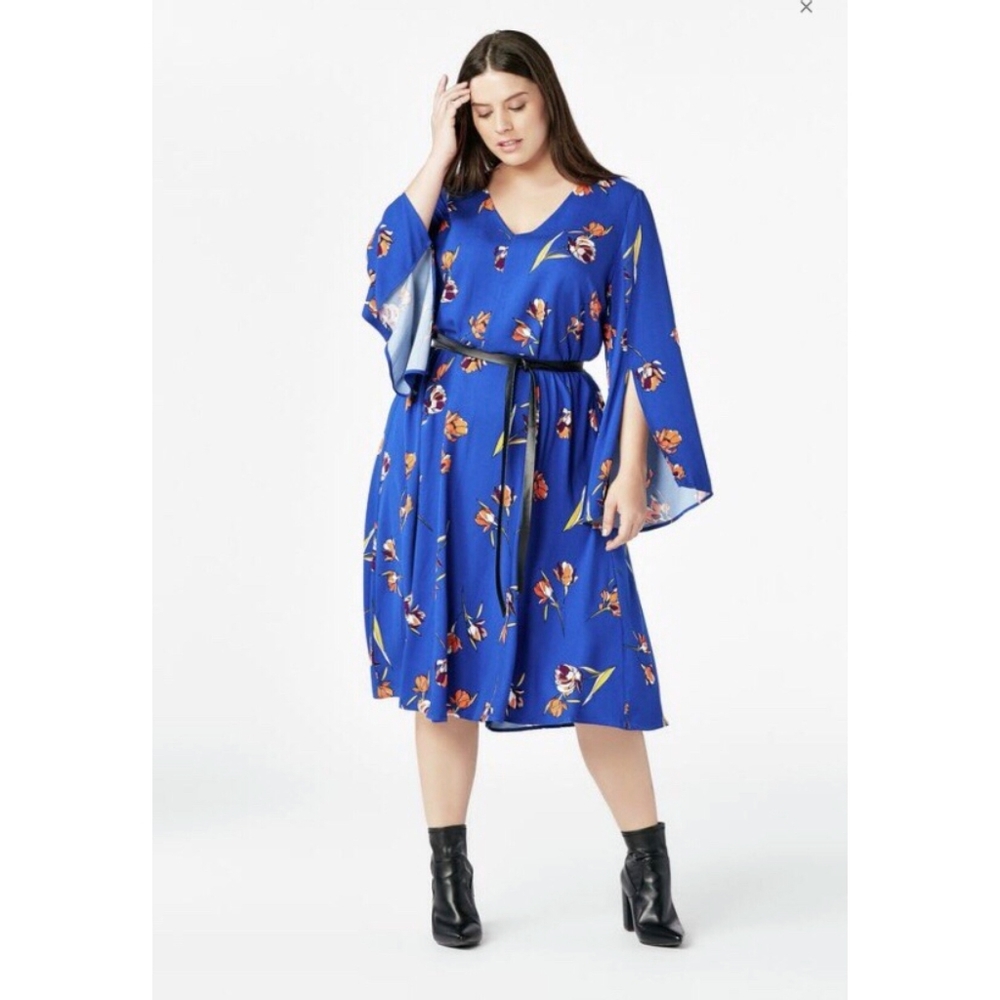 Just Fab Blue Floral Belted Midi Dress Size XXL